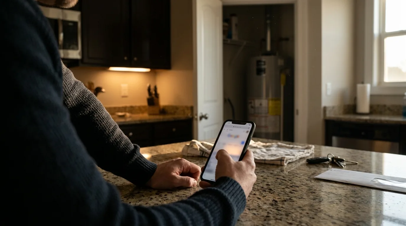 Homeowner on a kitchen counter checking a phone while a water heater is visible in the background doorway.