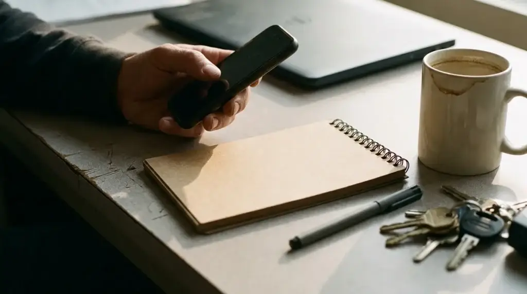 Office staffer rushing to return a lead call on a smartphone at a cluttered contractor desk