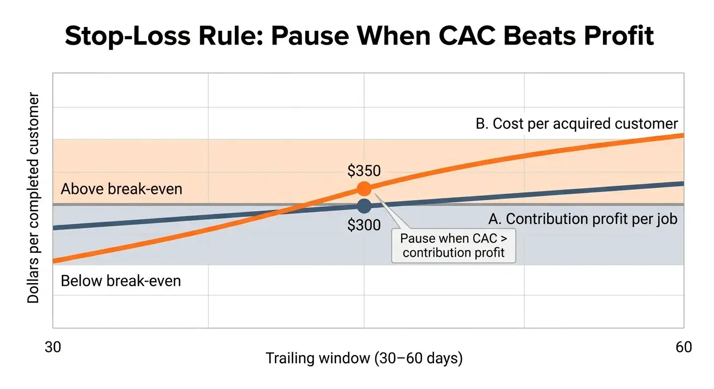 Chart showing CAC at $350 above contribution profit at $300 with a stop-loss pause rule