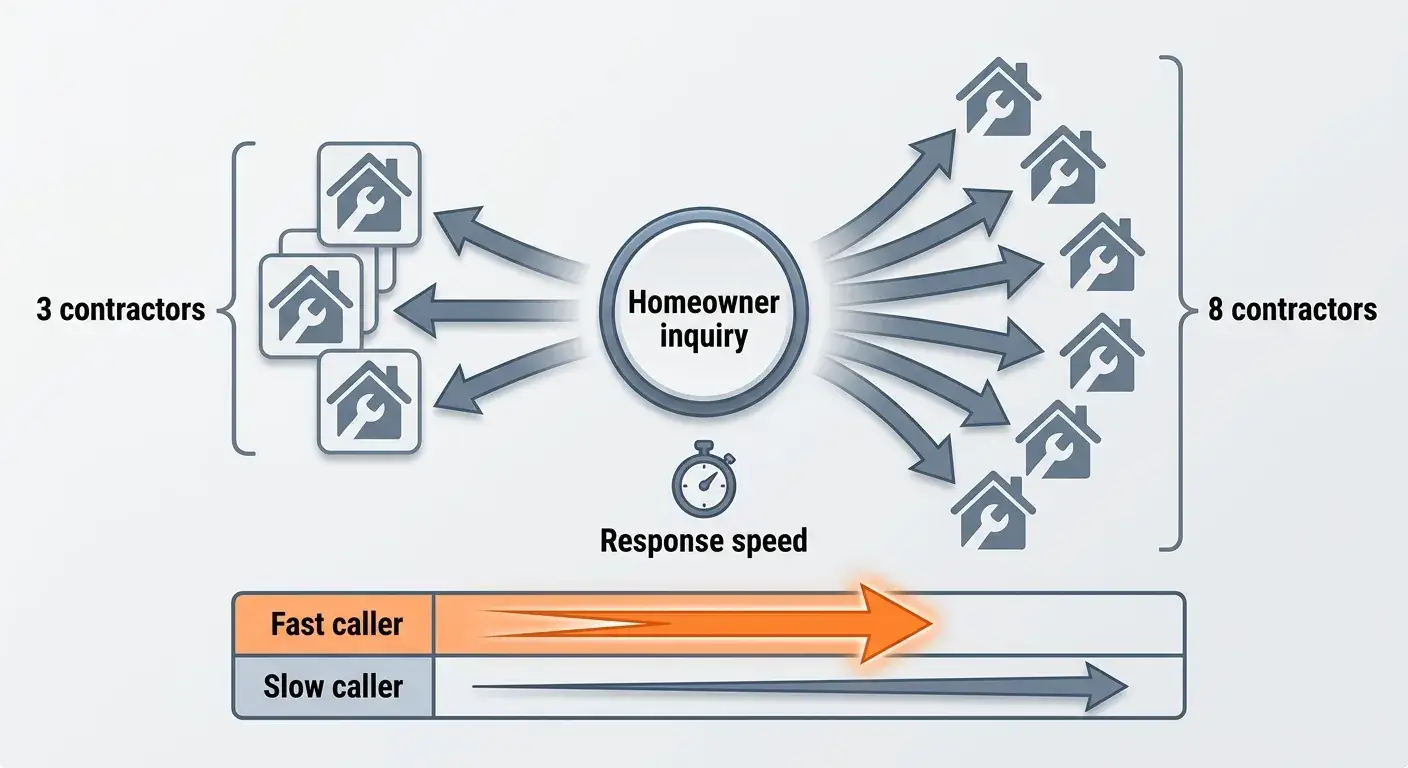 Diagram showing one homeowner inquiry shared to 3–8 contractors, where fast response wins