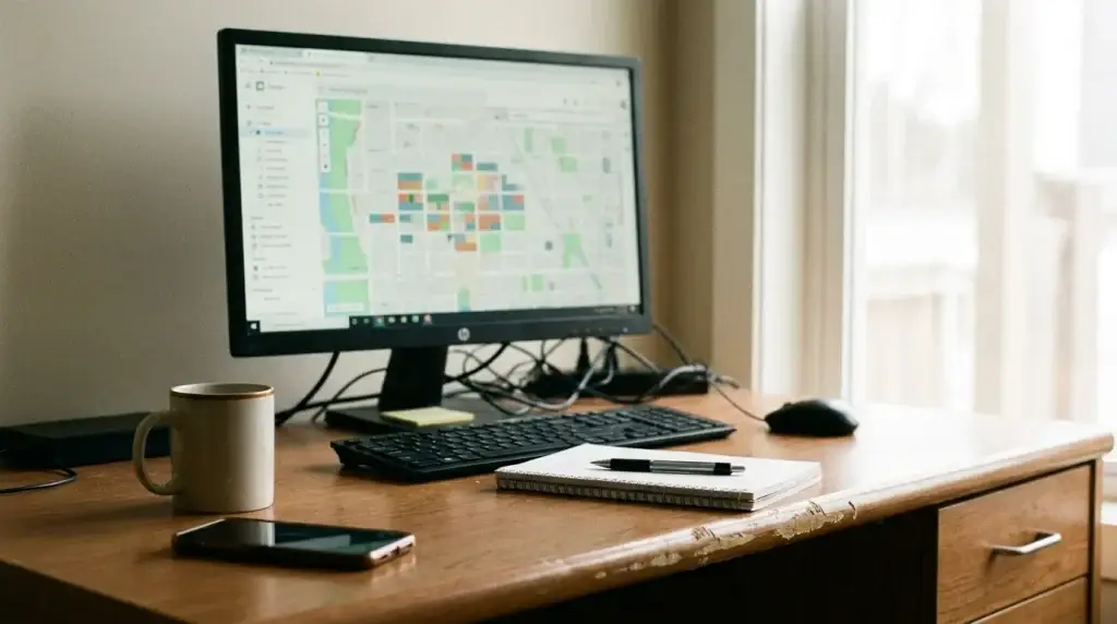Owner compares a blurred map-rank grid on a desktop monitor with a phone on a worn office desk.