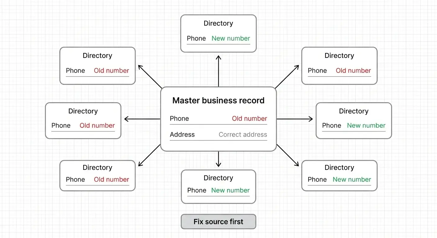 Diagram showing a wrong master phone number spreading to multiple directory listings.