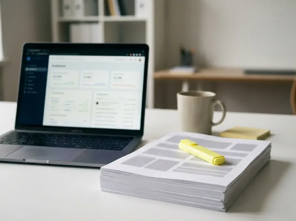 Manager reviews a stack of location pages beside an open laptop dashboard in an office.