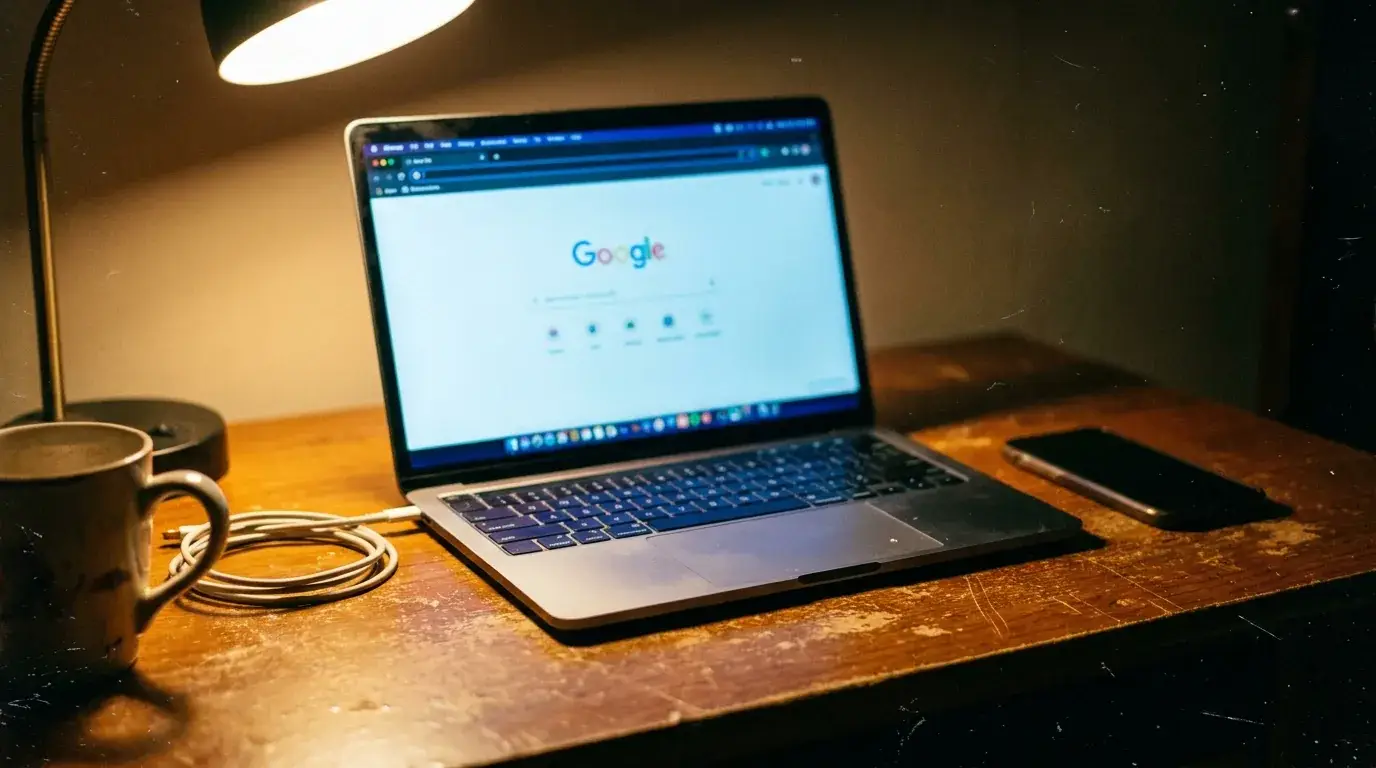Owner at a desk researching the AI-content “penalty” myth on a laptop at night