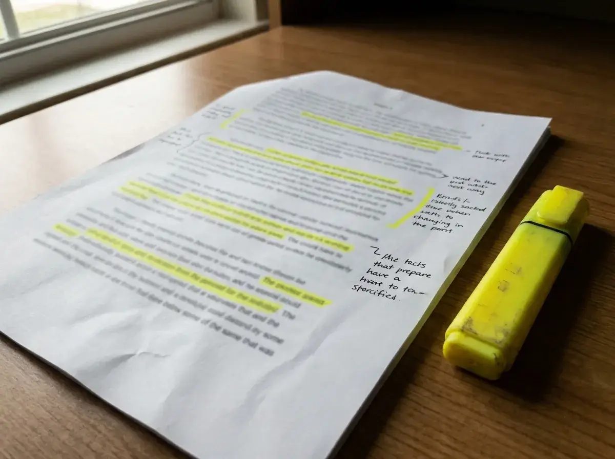 Hands reviewing a highlighted draft beside a laptop, emphasizing human fact-checking before publishing