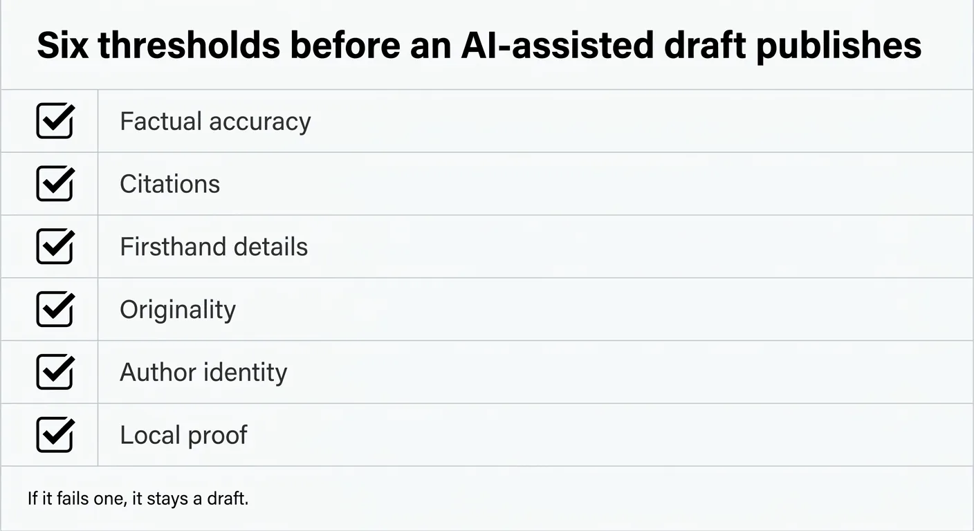 Checklist infographic showing six thresholds a draft must pass before publishing