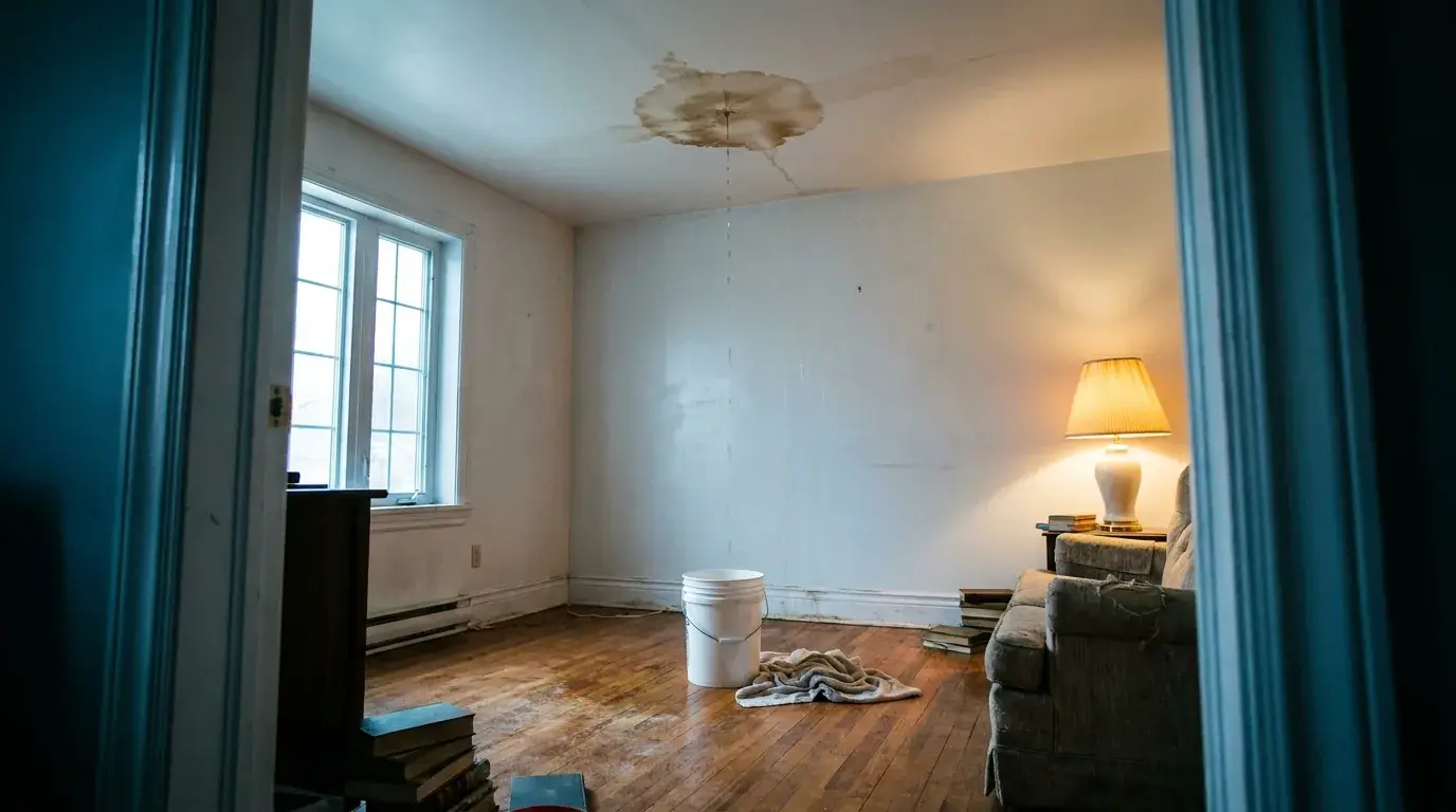Homeowner catches a ceiling leak in a bucket while calling for same-day service.