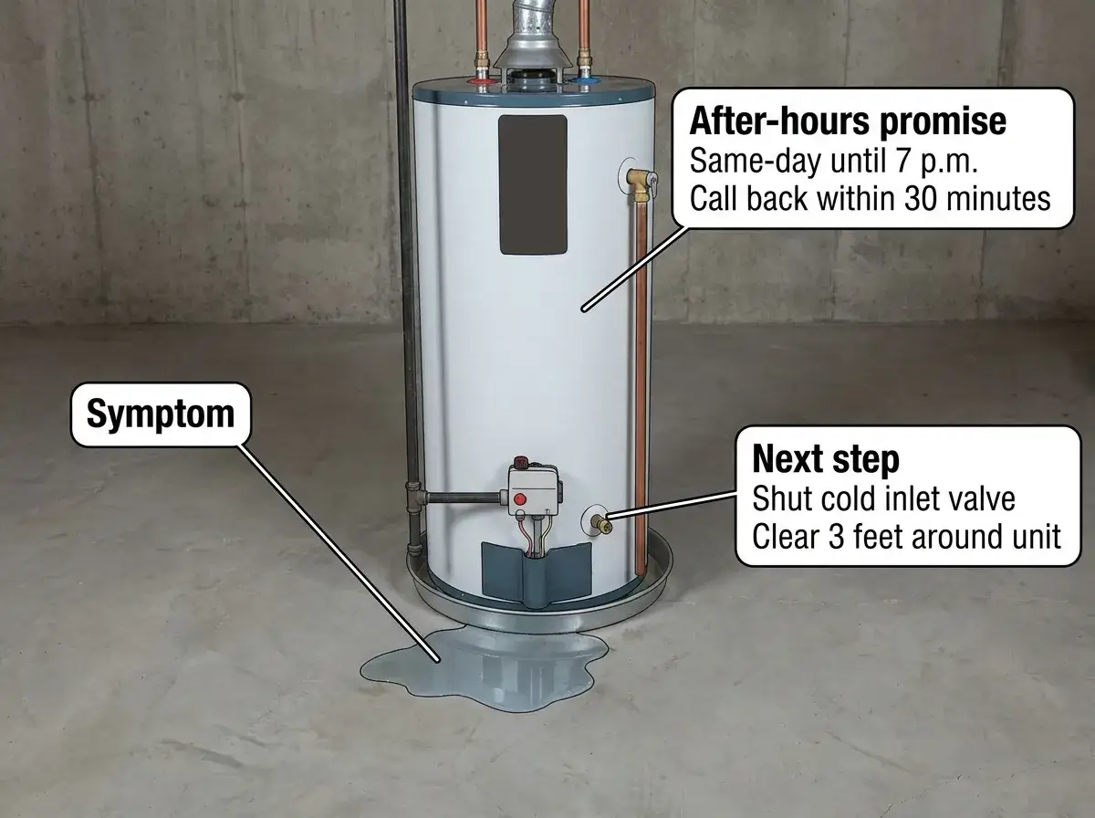 Labeled diagram showing a leaking water heater and a structured symptom-to-service page outline.
