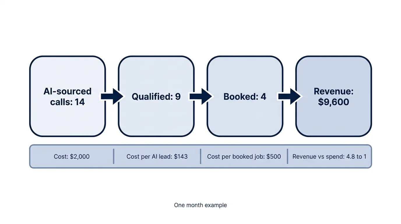 Funnel chart showing AI-sourced calls to booked jobs with cost and ROI metrics.