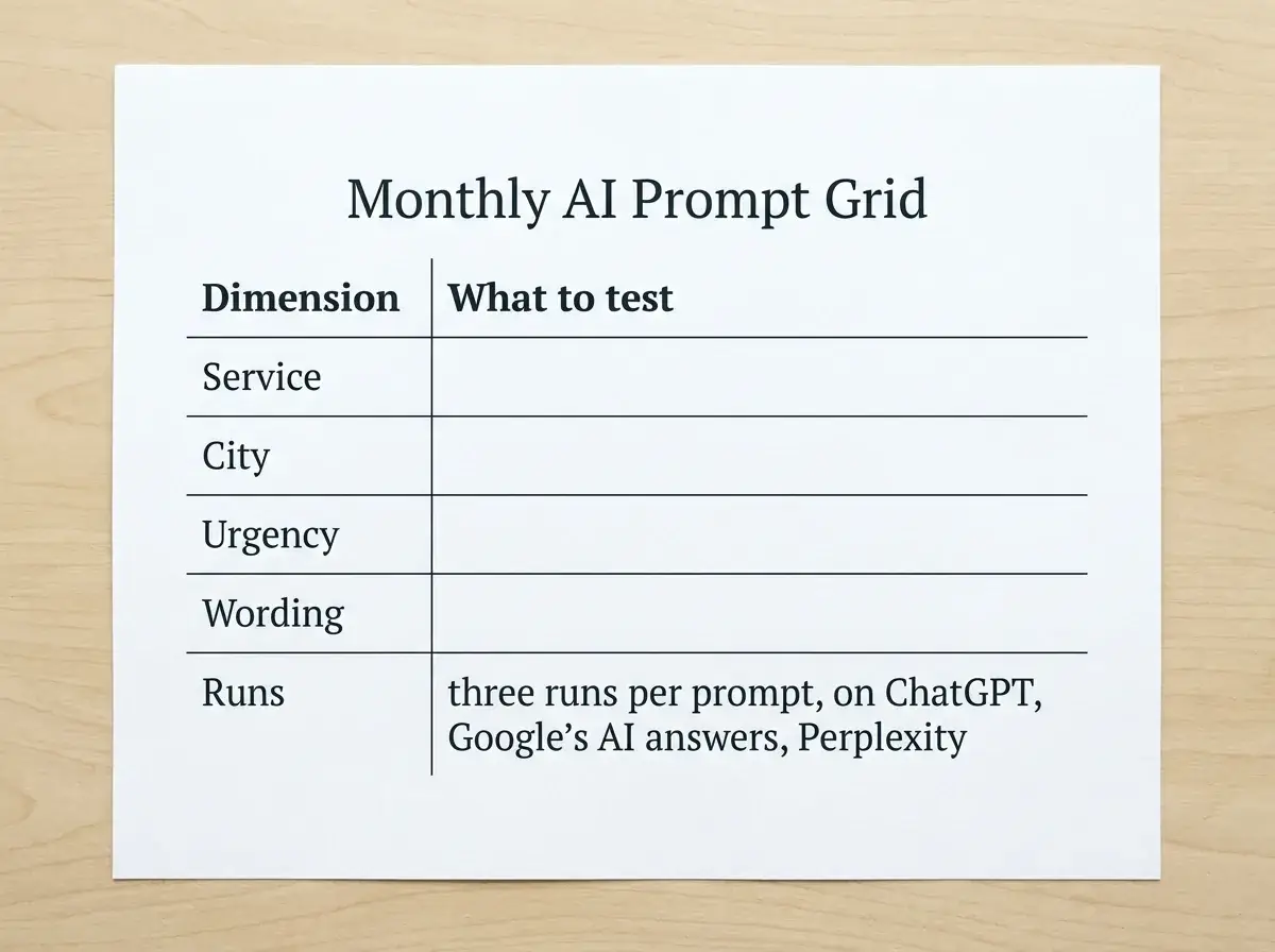 Table showing the dimensions of a monthly AI prompt grid for local contractor visibility testing.