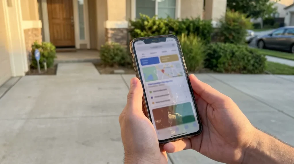 Handheld phone in a driveway showing blurred Google results blocks for ads, map pack, organic, and AI answers.