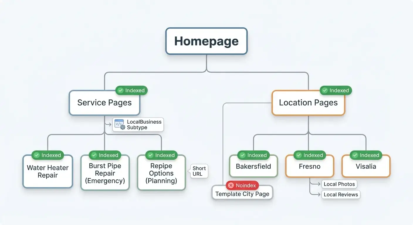 Diagram of a local service site structure separating service pages, emergency intent, location pages, and index status.