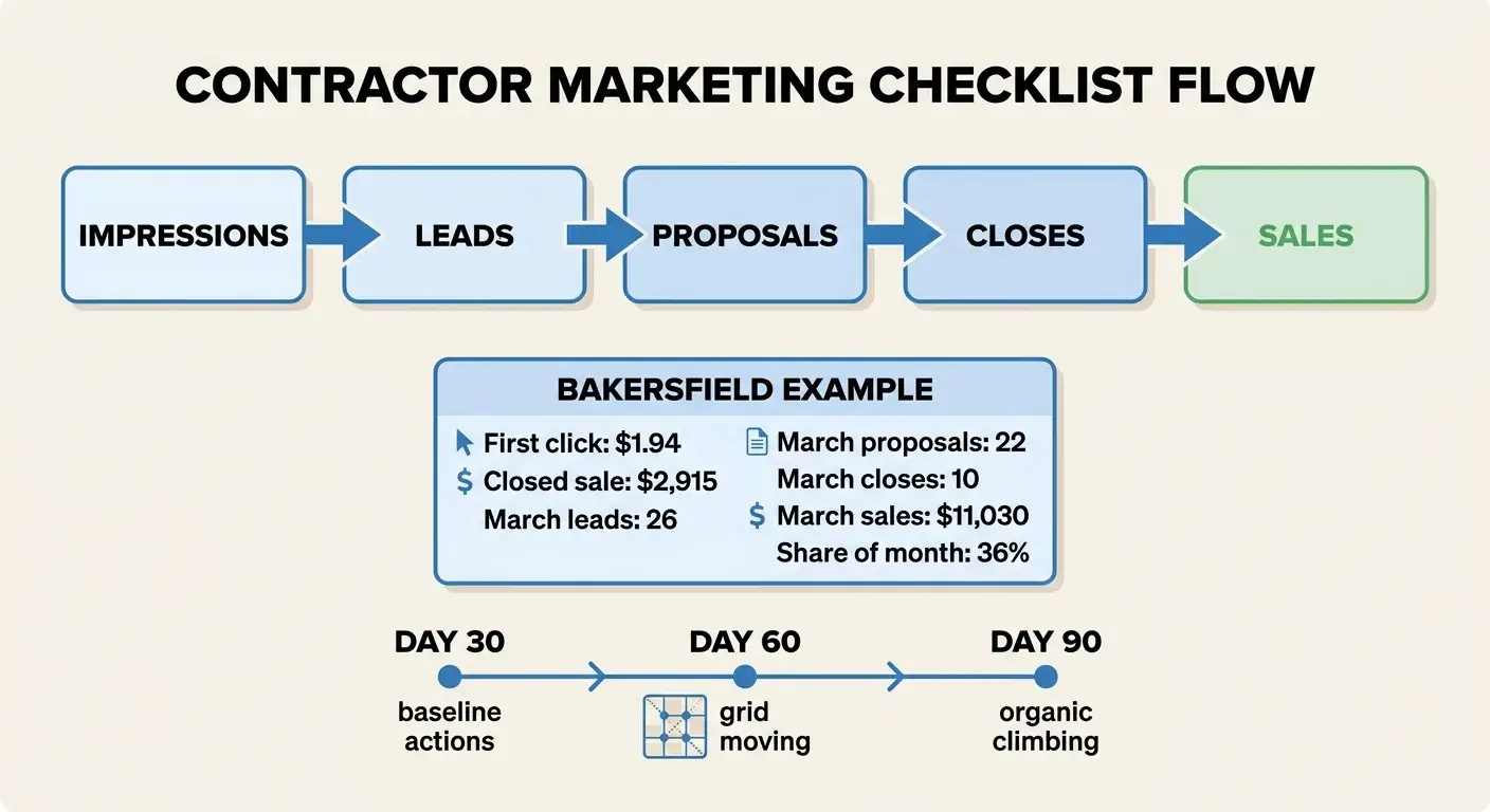 Flowchart linking impressions to sales with Bakersfield example metrics and a Day 30/60/90 tracking timeline.