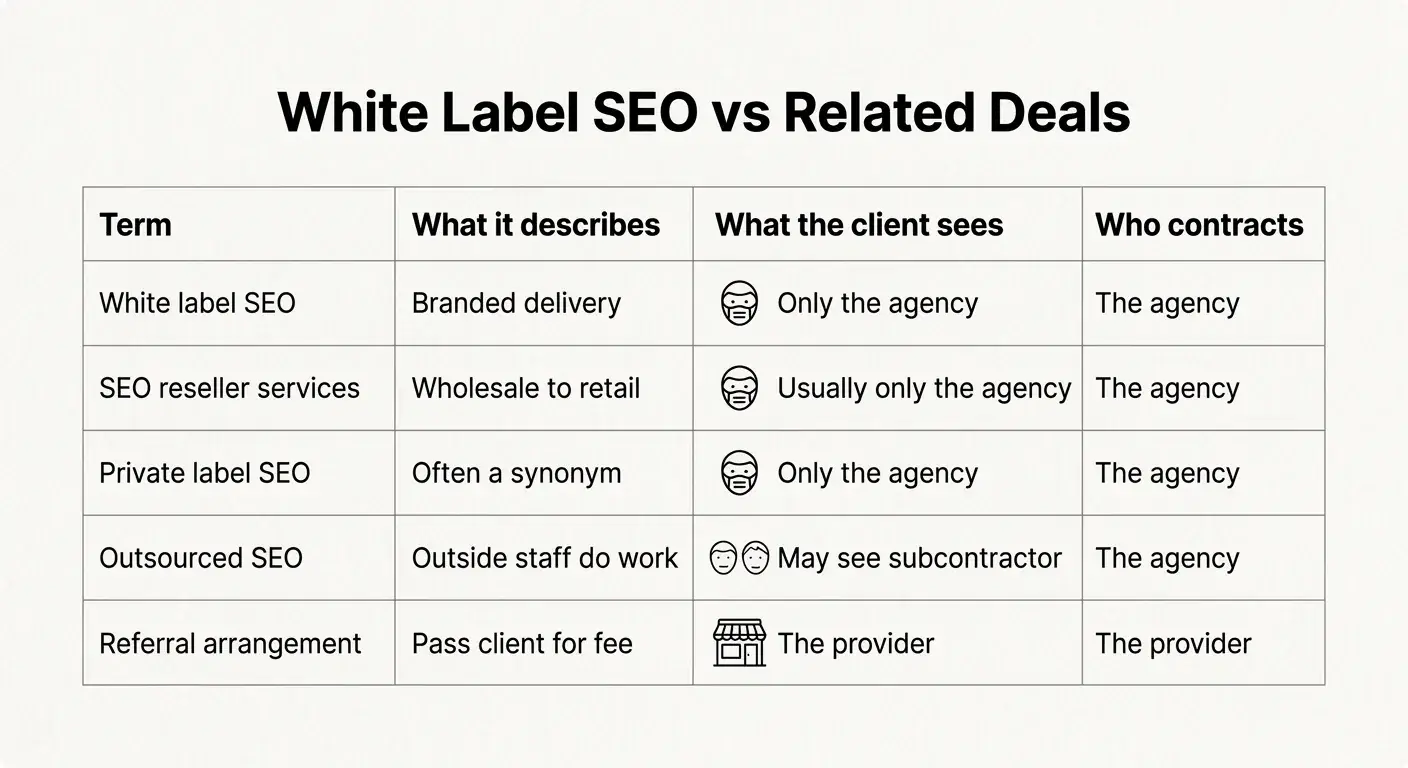 Comparison table showing how white label, reseller, private label, outsourced, and referral SEO deals differ