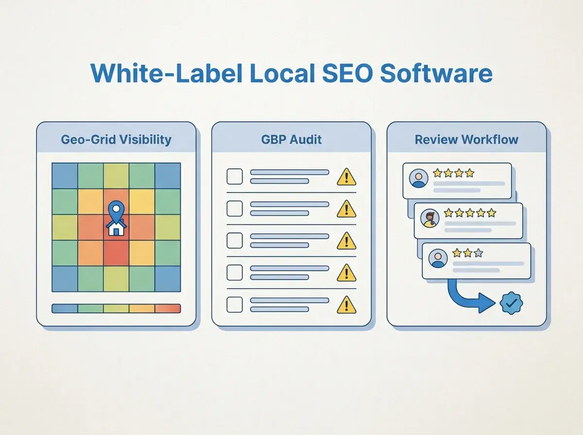 Illustrated dashboard showing geo-grid heatmap, GBP audit checklist, and review workflow panels