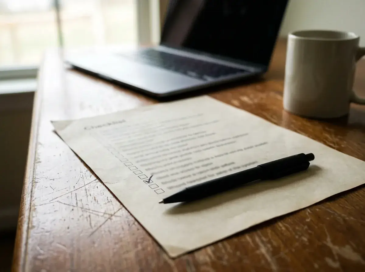 Hand checking a box on a blurred due-diligence checklist beside an open laptop on a worn desk
